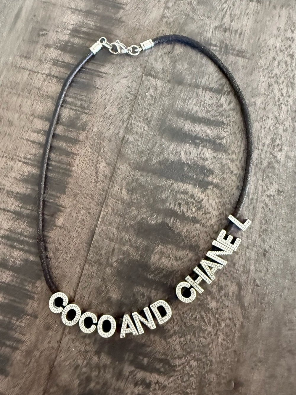 VINTAGE/Letter Necklace - Black Cord with Silver-tone Crystal Letters